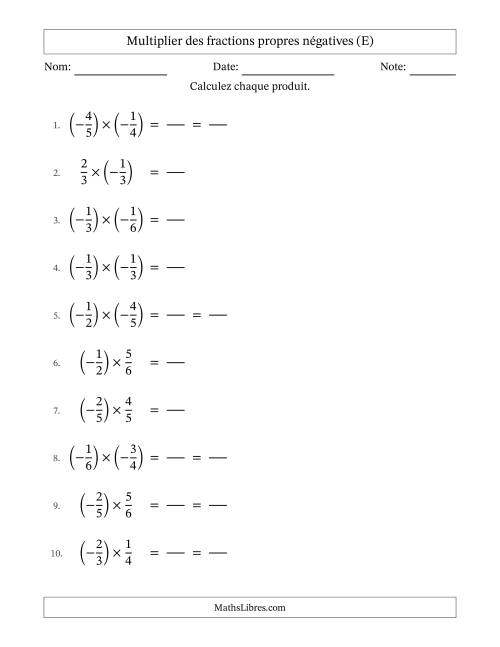 Multiplier des fractions propres négatives avec dénominateurs jusqu'aux sixièmes, résultats sous fractions propres et quelque simplification (Remplissable) (E)