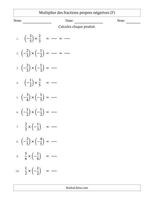 Multiplier des fractions propres négatives avec dénominateurs jusqu'aux sixièmes, résultats sous fractions propres et quelque simplification (Remplissable) (F)