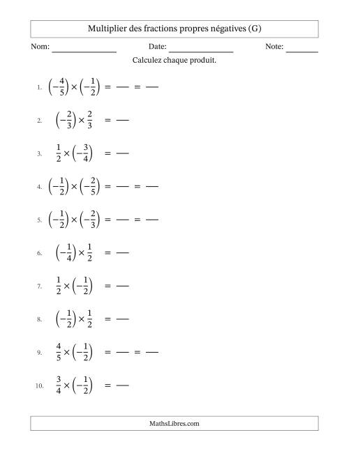 Multiplier des fractions propres négatives avec dénominateurs jusqu'aux sixièmes, résultats sous fractions propres et quelque simplification (Remplissable) (G)