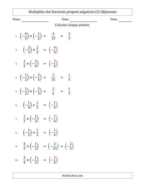 Multiplier des fractions propres négatives avec dénominateurs jusqu'aux sixièmes, résultats sous fractions propres et quelque simplification (Remplissable) (G) page 2