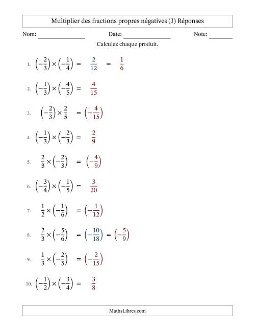 Multiplier des fractions propres négatives avec dénominateurs jusqu'aux sixièmes, résultats sous fractions propres et quelque simplification (Remplissable) (J) page 2