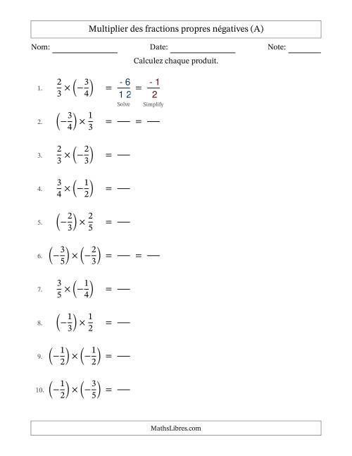 Multiplier des fractions propres négatives avec dénominateurs jusqu'aux sixièmes, résultats sous fractions propres et quelque simplification (Remplissable) (Tout)