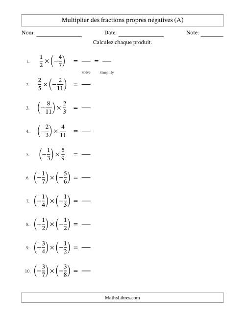 Multiplier des fractions propres négatives avec dénominateurs jusqu'aux douzièmes, résultats sous fractions propres et quelque simplification (Remplissable) (A)