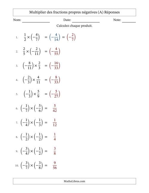 Multiplier des fractions propres négatives avec dénominateurs jusqu'aux douzièmes, résultats sous fractions propres et quelque simplification (Remplissable) (A) page 2