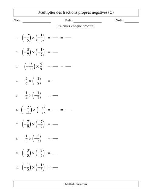 Multiplier des fractions propres négatives avec dénominateurs jusqu'aux douzièmes, résultats sous fractions propres et quelque simplification (Remplissable) (C)