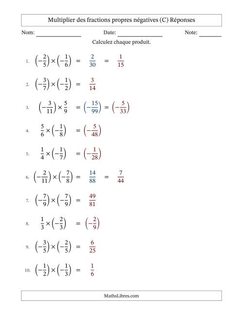 Multiplier des fractions propres négatives avec dénominateurs jusqu'aux douzièmes, résultats sous fractions propres et quelque simplification (Remplissable) (C) page 2