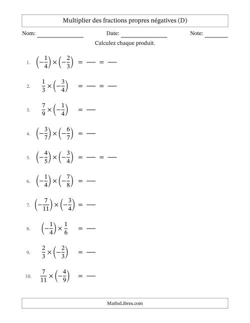 Multiplier des fractions propres négatives avec dénominateurs jusqu'aux douzièmes, résultats sous fractions propres et quelque simplification (Remplissable) (D)