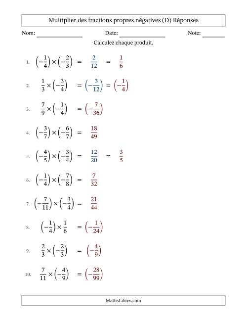 Multiplier des fractions propres négatives avec dénominateurs jusqu'aux douzièmes, résultats sous fractions propres et quelque simplification (Remplissable) (D) page 2