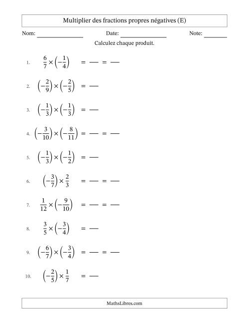 Multiplier des fractions propres négatives avec dénominateurs jusqu'aux douzièmes, résultats sous fractions propres et quelque simplification (Remplissable) (E)