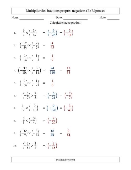 Multiplier des fractions propres négatives avec dénominateurs jusqu'aux douzièmes, résultats sous fractions propres et quelque simplification (Remplissable) (E) page 2