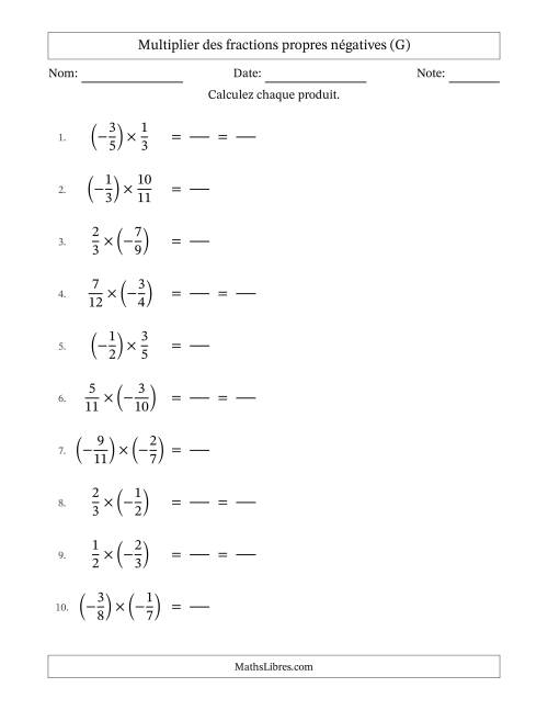 Multiplier des fractions propres négatives avec dénominateurs jusqu'aux douzièmes, résultats sous fractions propres et quelque simplification (Remplissable) (G)