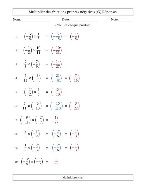 Multiplier des fractions propres négatives avec dénominateurs jusqu'aux douzièmes, résultats sous fractions propres et quelque simplification (Remplissable) (G) page 2