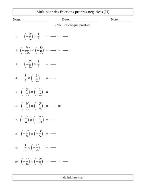 Multiplier des fractions propres négatives avec dénominateurs jusqu'aux douzièmes, résultats sous fractions propres et quelque simplification (Remplissable) (H)