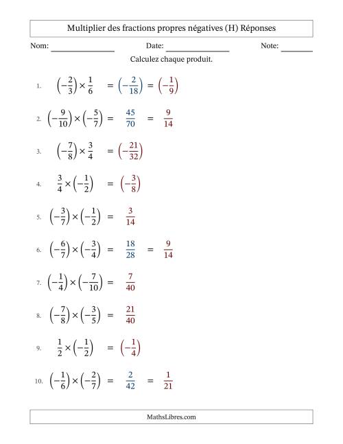 Multiplier des fractions propres négatives avec dénominateurs jusqu'aux douzièmes, résultats sous fractions propres et quelque simplification (Remplissable) (H) page 2