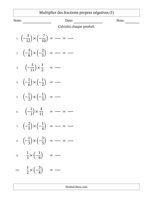 Multiplier des fractions propres négatives avec dénominateurs jusqu'aux douzièmes, résultats sous fractions propres et quelque simplification (Remplissable) (I)