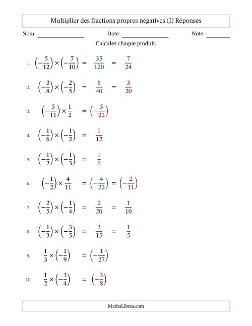 Multiplier des fractions propres négatives avec dénominateurs jusqu'aux douzièmes, résultats sous fractions propres et quelque simplification (Remplissable) (I) page 2