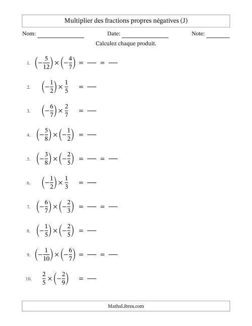Multiplier des fractions propres négatives avec dénominateurs jusqu'aux douzièmes, résultats sous fractions propres et quelque simplification (Remplissable) (J)