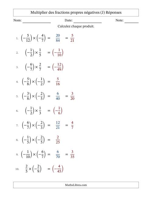 Multiplier des fractions propres négatives avec dénominateurs jusqu'aux douzièmes, résultats sous fractions propres et quelque simplification (Remplissable) (J) page 2