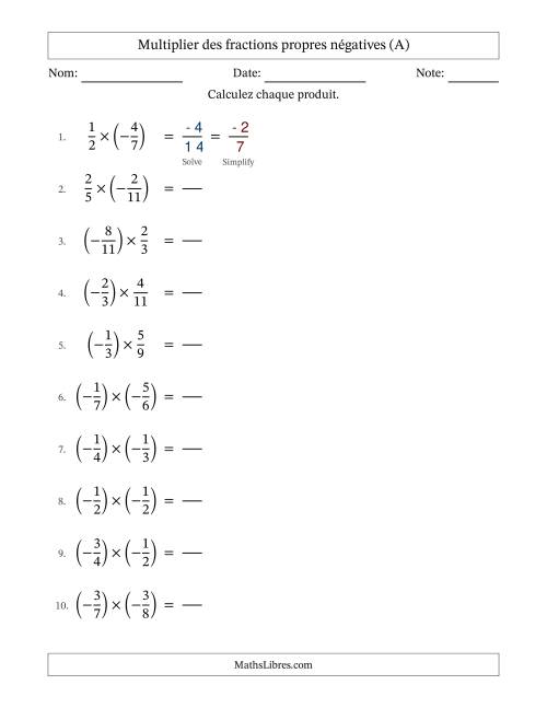 Multiplier des fractions propres négatives avec dénominateurs jusqu'aux douzièmes, résultats sous fractions propres et quelque simplification (Remplissable) (Tout)