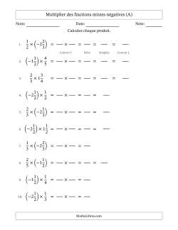 Multiplier des fractions mixtes négatives avec dénominateurs jusqu'aux sixièmes, résultats sous fractions mixtes et quelque simplification (Remplissable)