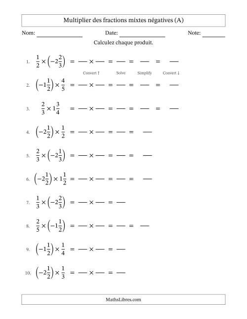 Multiplier des fractions mixtes négatives avec dénominateurs jusqu'aux sixièmes, résultats sous fractions mixtes et quelque simplification (Remplissable) (A)