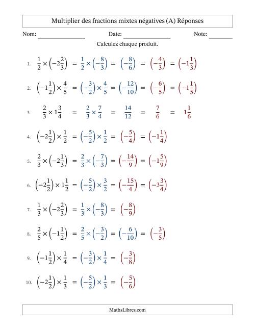 Multiplier des fractions mixtes négatives avec dénominateurs jusqu'aux sixièmes, résultats sous fractions mixtes et quelque simplification (Remplissable) (A) page 2