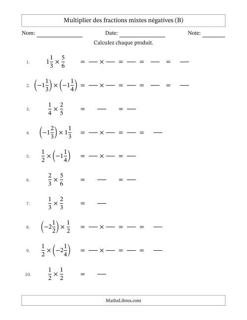 Multiplier des fractions mixtes négatives avec dénominateurs jusqu'aux sixièmes, résultats sous fractions mixtes et quelque simplification (Remplissable) (B)