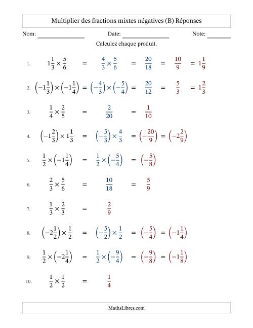 Multiplier des fractions mixtes négatives avec dénominateurs jusqu'aux sixièmes, résultats sous fractions mixtes et quelque simplification (Remplissable) (B) page 2
