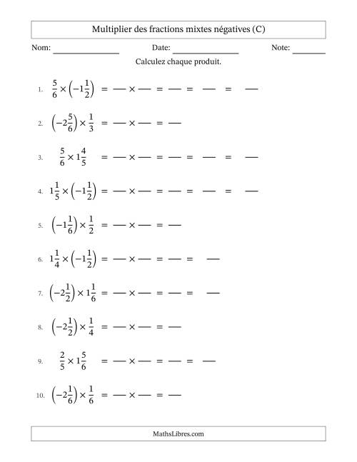 Multiplier des fractions mixtes négatives avec dénominateurs jusqu'aux sixièmes, résultats sous fractions mixtes et quelque simplification (Remplissable) (C)