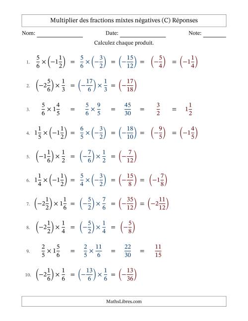 Multiplier des fractions mixtes négatives avec dénominateurs jusqu'aux sixièmes, résultats sous fractions mixtes et quelque simplification (Remplissable) (C) page 2