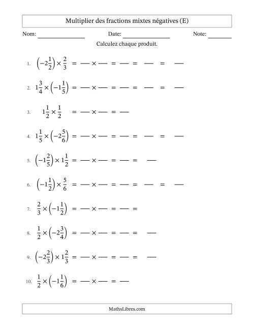 Multiplier des fractions mixtes négatives avec dénominateurs jusqu'aux sixièmes, résultats sous fractions mixtes et quelque simplification (Remplissable) (E)