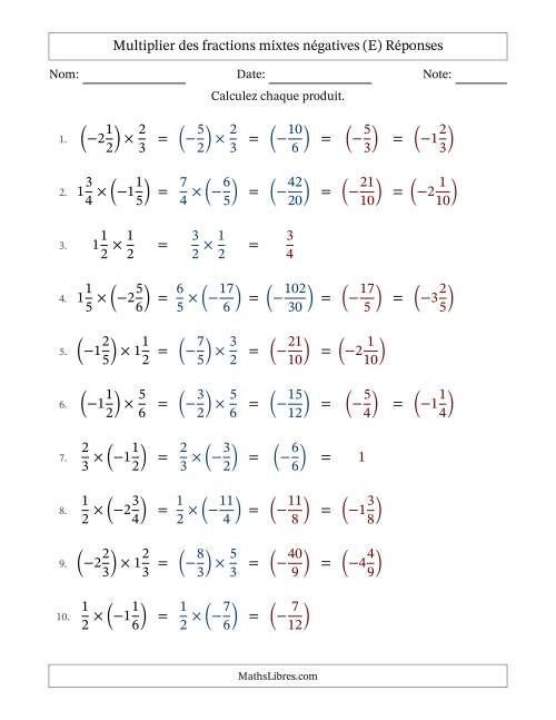 Multiplier des fractions mixtes négatives avec dénominateurs jusqu'aux sixièmes, résultats sous fractions mixtes et quelque simplification (Remplissable) (E) page 2