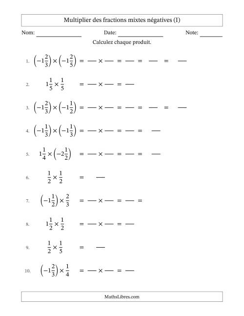 Multiplier des fractions mixtes négatives avec dénominateurs jusqu'aux sixièmes, résultats sous fractions mixtes et quelque simplification (Remplissable) (I)