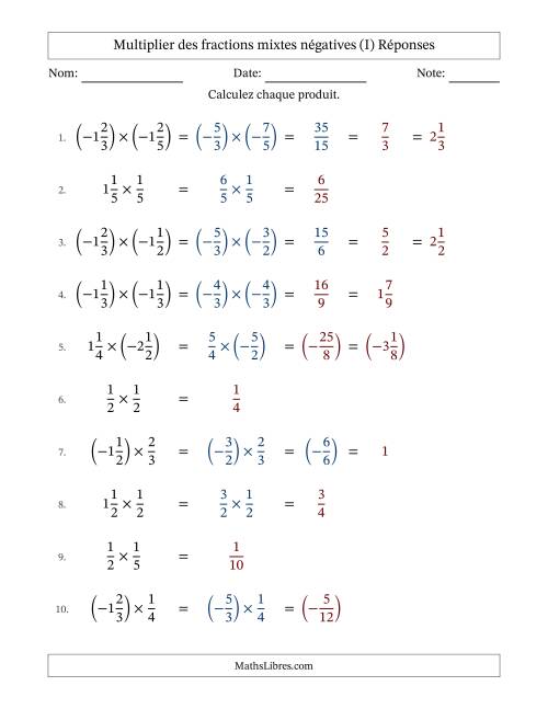 Multiplier des fractions mixtes négatives avec dénominateurs jusqu'aux sixièmes, résultats sous fractions mixtes et quelque simplification (Remplissable) (I) page 2