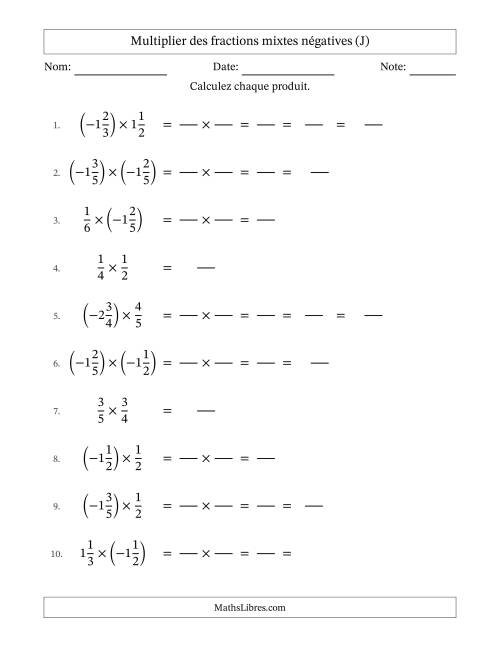 Multiplier des fractions mixtes négatives avec dénominateurs jusqu'aux sixièmes, résultats sous fractions mixtes et quelque simplification (Remplissable) (J)