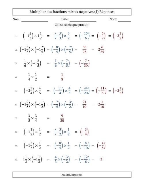 Multiplier des fractions mixtes négatives avec dénominateurs jusqu'aux sixièmes, résultats sous fractions mixtes et quelque simplification (Remplissable) (J) page 2