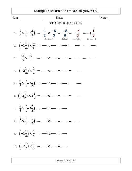 Multiplier des fractions mixtes négatives avec dénominateurs jusqu'aux sixièmes, résultats sous fractions mixtes et quelque simplification (Remplissable) (Tout)