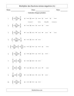Multiplier des fractions mixtes négatives avec dénominateurs jusqu'aux douzièmes, résultats sous fractions mixtes et quelque simplification (Remplissable)
