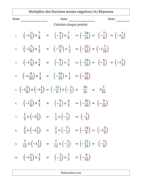 Multiplier des fractions mixtes négatives avec dénominateurs jusqu'aux douzièmes, résultats sous fractions mixtes et quelque simplification (Remplissable) (A) page 2