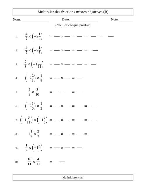 Multiplier des fractions mixtes négatives avec dénominateurs jusqu'aux douzièmes, résultats sous fractions mixtes et quelque simplification (Remplissable) (B)