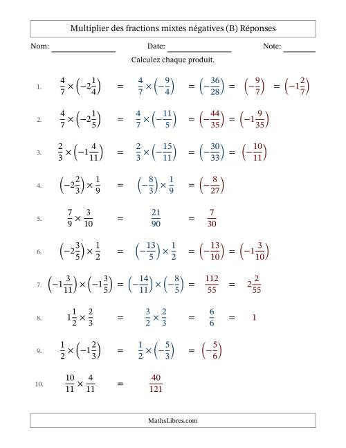 Multiplier des fractions mixtes négatives avec dénominateurs jusqu'aux douzièmes, résultats sous fractions mixtes et quelque simplification (Remplissable) (B) page 2