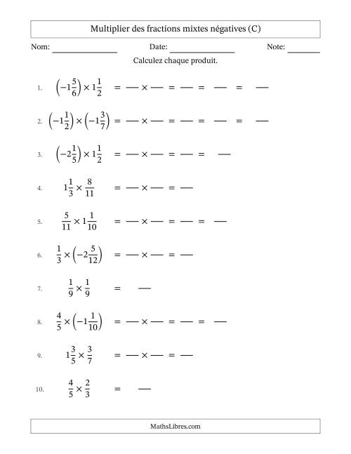 Multiplier des fractions mixtes négatives avec dénominateurs jusqu'aux douzièmes, résultats sous fractions mixtes et quelque simplification (Remplissable) (C)