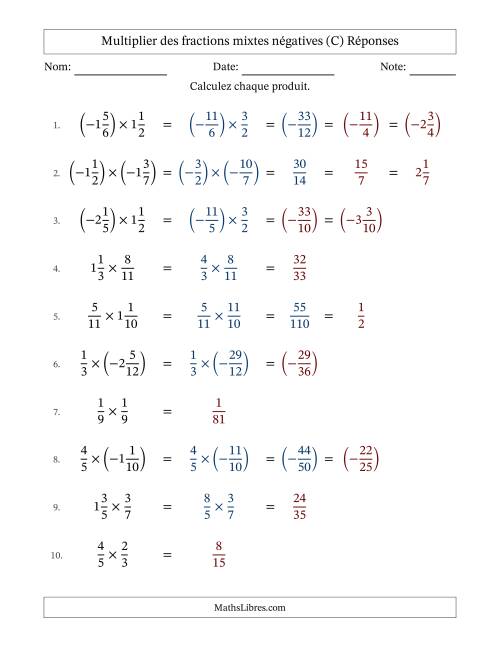 Multiplier des fractions mixtes négatives avec dénominateurs jusqu'aux douzièmes, résultats sous fractions mixtes et quelque simplification (Remplissable) (C) page 2