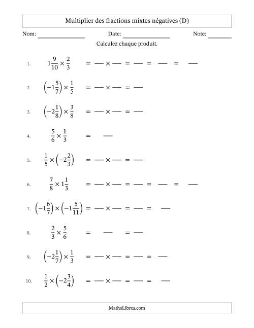 Multiplier des fractions mixtes négatives avec dénominateurs jusqu'aux douzièmes, résultats sous fractions mixtes et quelque simplification (Remplissable) (D)