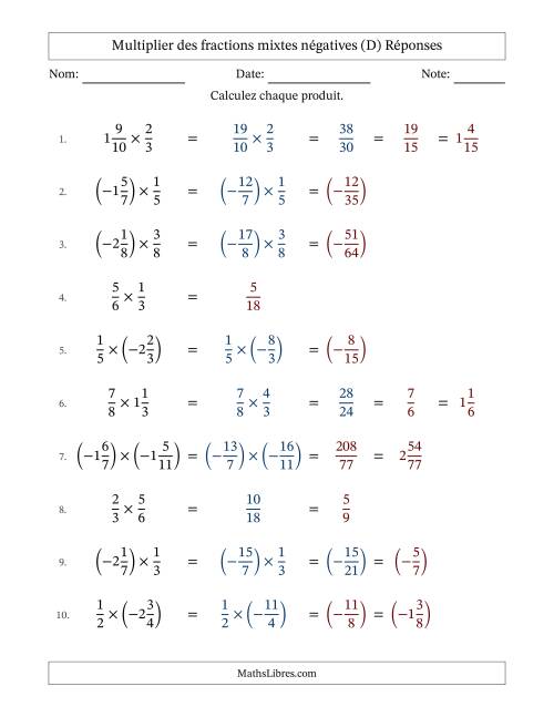 Multiplier des fractions mixtes négatives avec dénominateurs jusqu'aux douzièmes, résultats sous fractions mixtes et quelque simplification (Remplissable) (D) page 2
