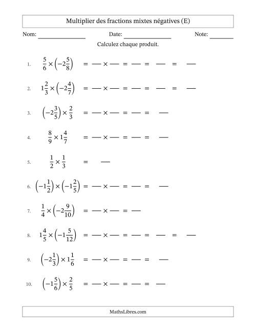 Multiplier des fractions mixtes négatives avec dénominateurs jusqu'aux douzièmes, résultats sous fractions mixtes et quelque simplification (Remplissable) (E)