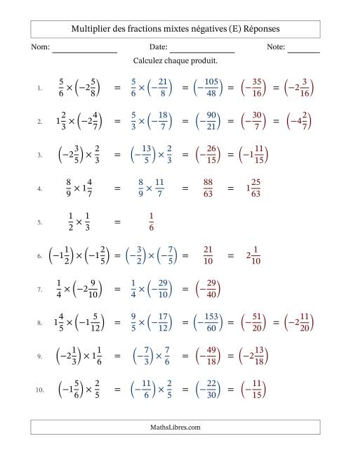 Multiplier des fractions mixtes négatives avec dénominateurs jusqu'aux douzièmes, résultats sous fractions mixtes et quelque simplification (Remplissable) (E) page 2