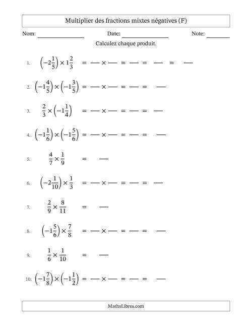 Multiplier des fractions mixtes négatives avec dénominateurs jusqu'aux douzièmes, résultats sous fractions mixtes et quelque simplification (Remplissable) (F)