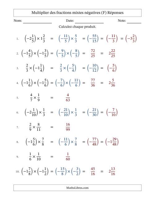 Multiplier des fractions mixtes négatives avec dénominateurs jusqu'aux douzièmes, résultats sous fractions mixtes et quelque simplification (Remplissable) (F) page 2