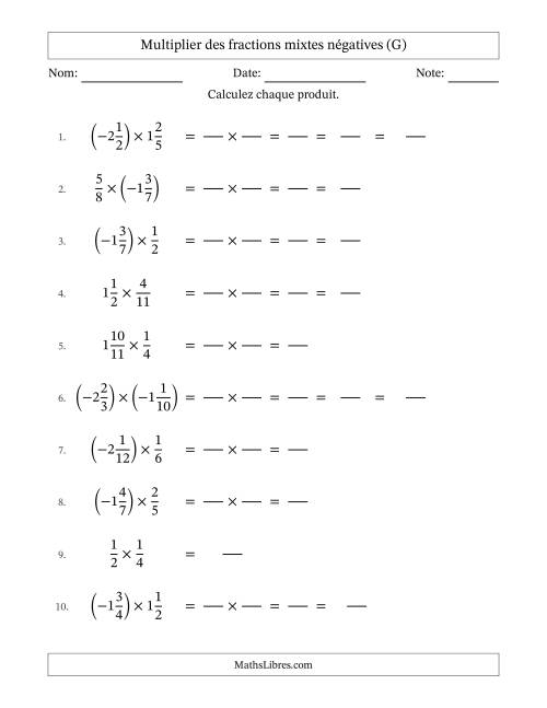 Multiplier des fractions mixtes négatives avec dénominateurs jusqu'aux douzièmes, résultats sous fractions mixtes et quelque simplification (Remplissable) (G)